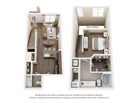 Floor plan for 1 bed, 1.5 baths, 854 sqft